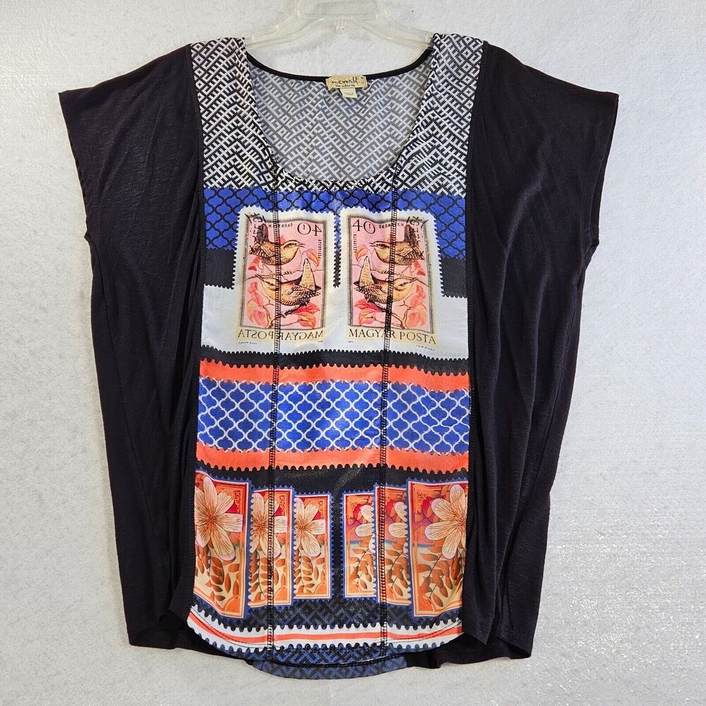 One World Blouse Womens Medium Black Yellow Dolman Short Cap Sleeve Boho Stretch